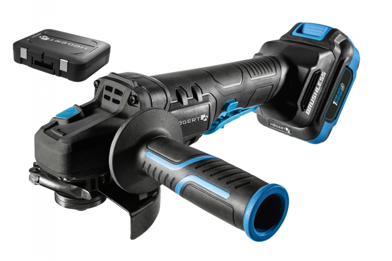 HÖGERT Bezdrôtová uhlová brúska s pádovým spínačom, 125MM, 18V - Sada (batéria, nabíjačka, príslušenstvo)