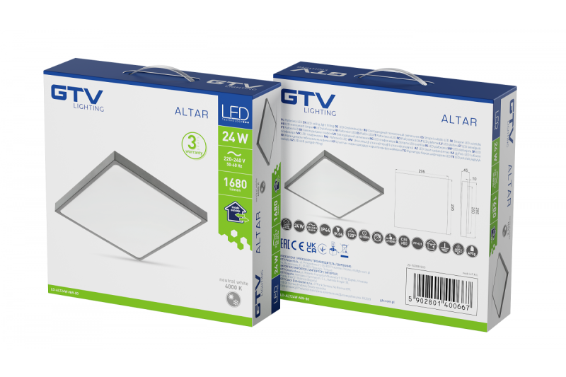 ALTAR LED Stropný svietidlo, 295x295mm, 4000K, 24W, 1680lm, AC180-250V, 50/60 Hz, PF>0.5, IP54, sivá, 3 roky záruky