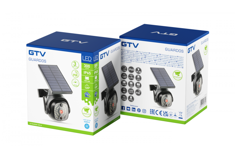 Slnečné povodňové svetlo s pohybovým a súmrakovým senzorom GUARDOS, LED, 300lm, 6400K, 1200mAh, IP65, falošná kamera