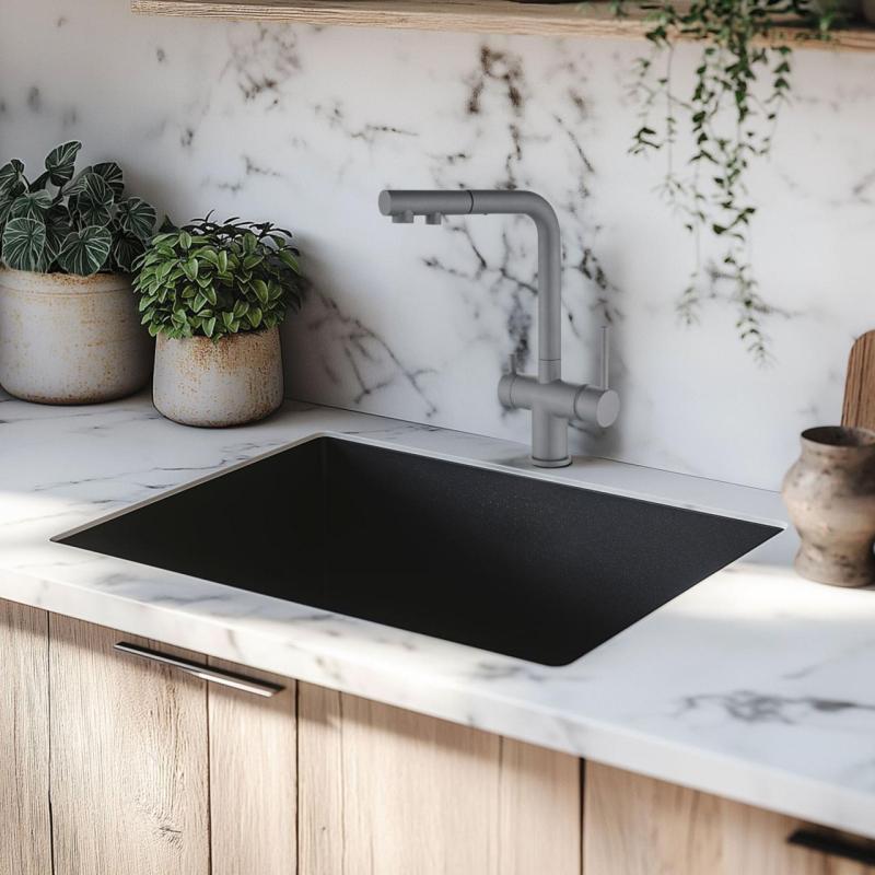 Ausmann Ellington 3-cestná kuchynská batéria s výsuvnou hubicou a filtrovanou vodou – Sivá – 1208970494