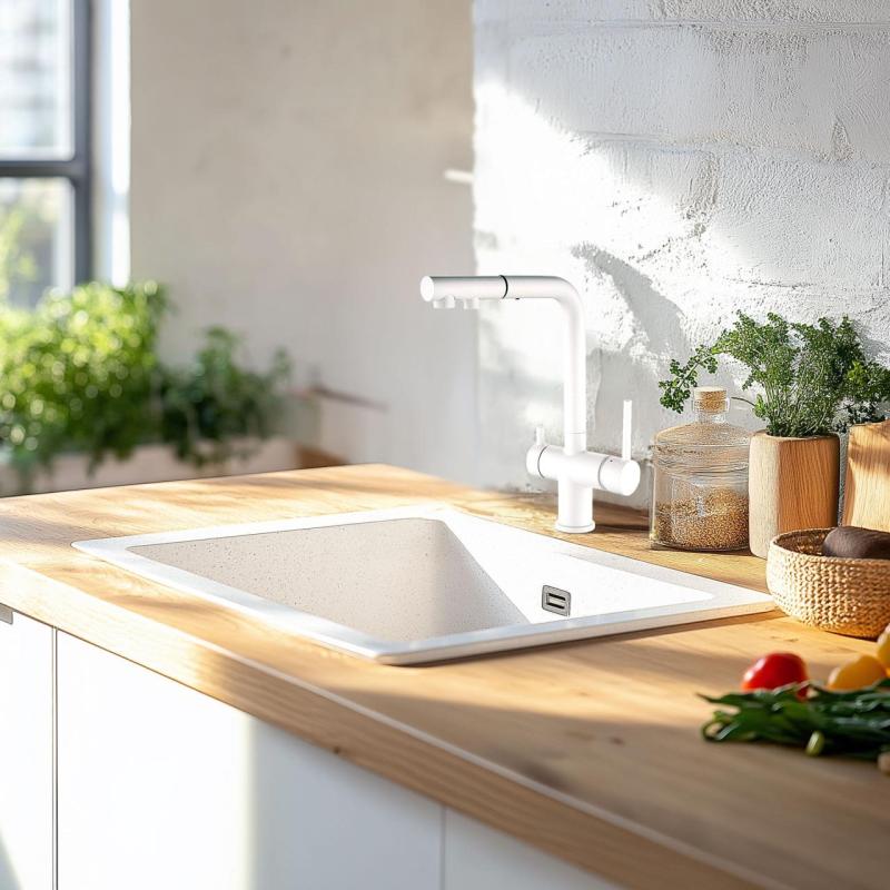 Ausmann Ellington 3-cestná kuchynská batéria s výsuvným výtokom a filtrovanou vodou – Biela - 1208970496