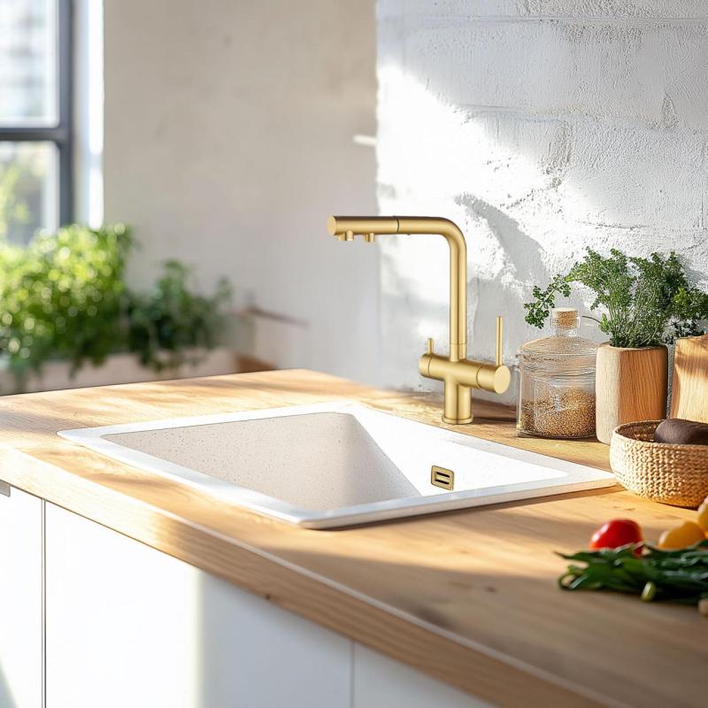 Ausmann Ellington 3-cestná kuchynská batéria s výsuvným výtokom a filtrovanou vodou – Zlatá – 1208970498