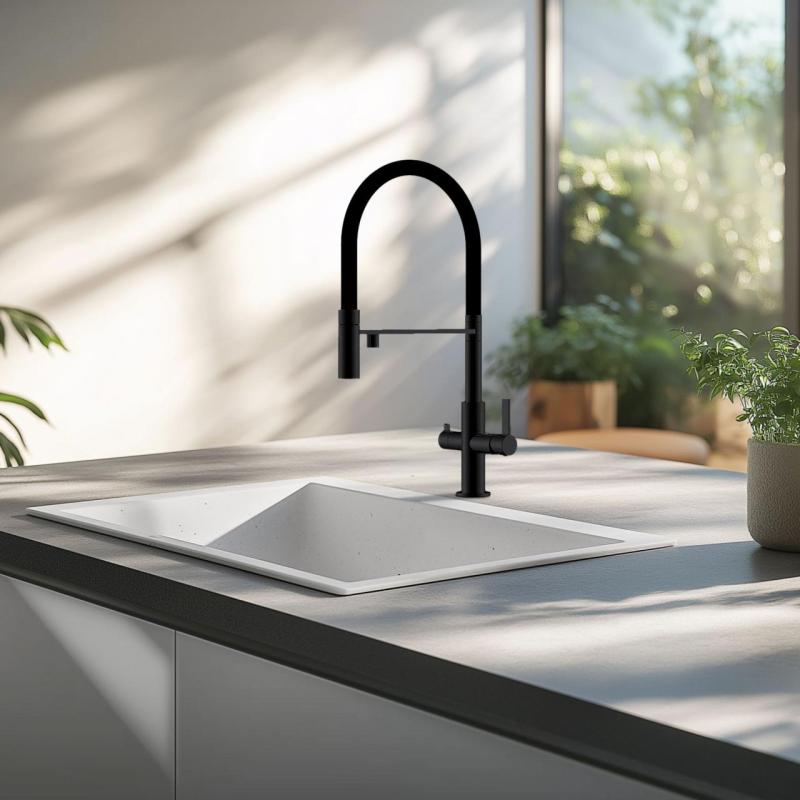 Ausmann Claridge 3-cestná kuchynská batéria s flexibilným výtokom a filtrovanou vodou – Antracit – 1208970500