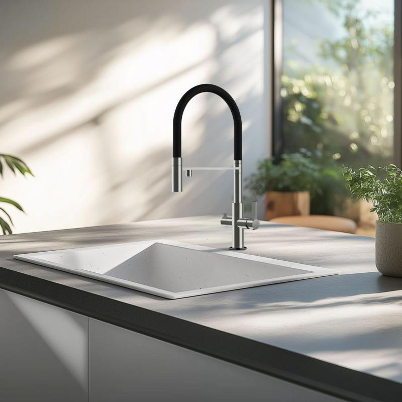 Ausmann Claridge 3-cestná kuchynská batéria s flexibilným výtokom a filtrovanou vodou – Sivá - 1208970502