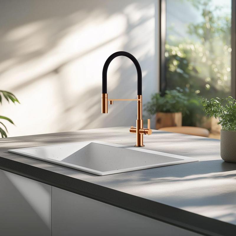 Ausmann Claridge 3-cestná kuchynská batéria s flexibilným výtokom a filtrovanou vodou – Meď - 1208970503