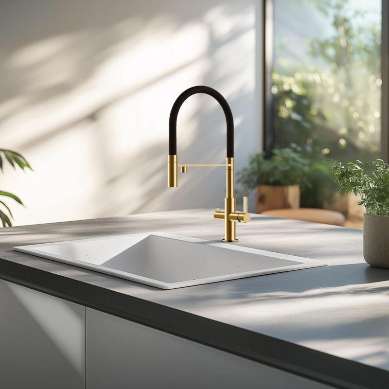 Ausmann Claridge 3-cestná kuchynská batéria s flexibilným výtokom a filtrovanou vodou – Zlatá - 1208970504