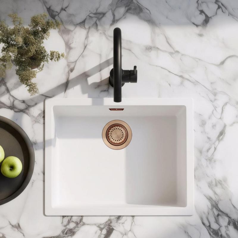 Biely umývadlo 50x40 cm na zabudovanie, montáž na dosku a rovinnú montáž s medenou zátkou 1208970533