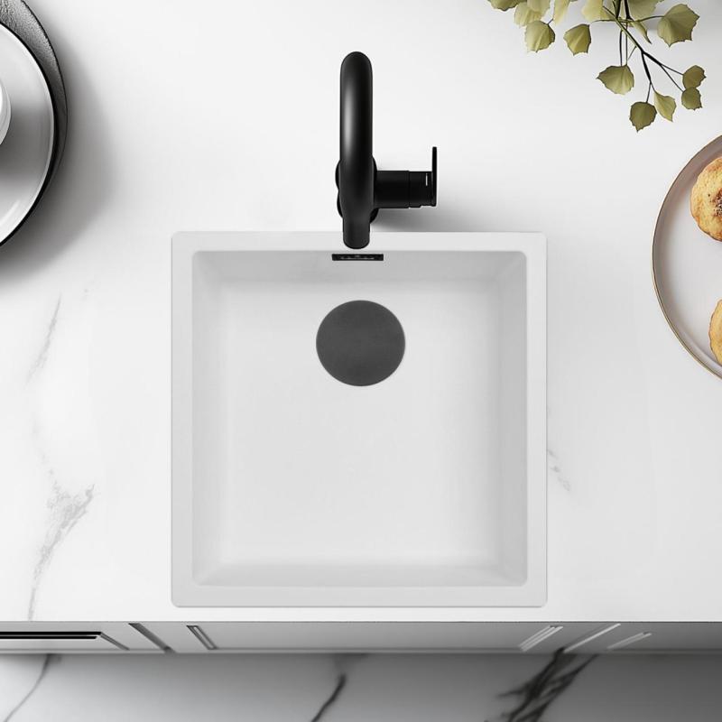 Biela Umývadlová Miska 40x40 cm Podmontáž, Nadmontáž a Vstavaná s Matnou Čiernou Zátkou 1208970535