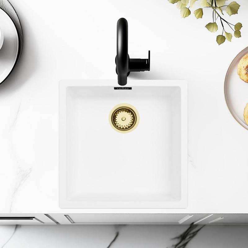 Biela umývadlo 40x40 cm na zabudovanie, nadstavbu a zapustenie so zlatou zátkou 1208970537