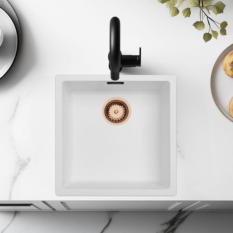 Biely Umyvadlo 40x40 cm Podstavcové, Nadstavbové a Rovné s Medenou Zátkou 1208970538