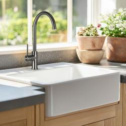 Ausmann Ceramic Panor Shade Keramický biely drez Butler – podstavný a medziinštalačný 630 x 597 mm s otvorom na batériu a matnou čiernou zátkou 1208970554