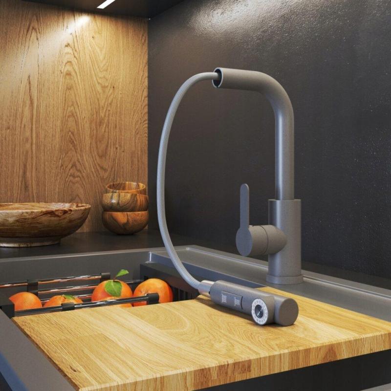 Graniteland Celeste Kuchynská batéria Sivá s Výsuvnou Výlevkou a Dvojfunkčnou Ručnou Sprchou 1208970663