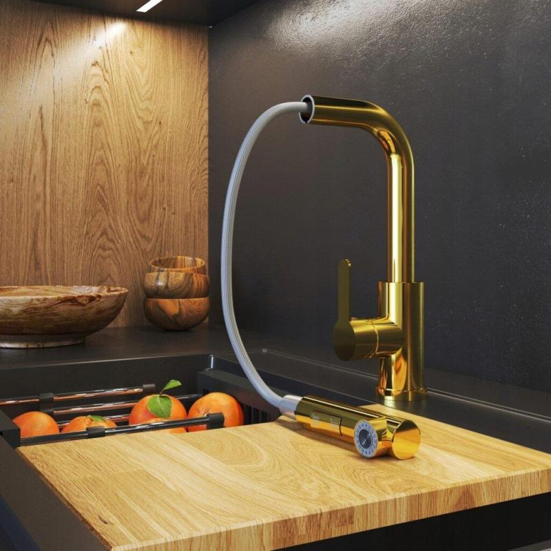 Graniteland Celeste Kuchynská batéria Zlatá s výsuvnou výpusťou a dvojfunkčnou ručnou sprchou 1208970664