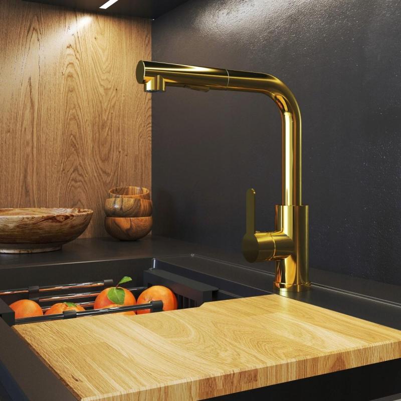 Graniteland Celeste Kuchynská batéria Zlatá s výsuvnou výpusťou a dvojfunkčnou ručnou sprchou 1208970664