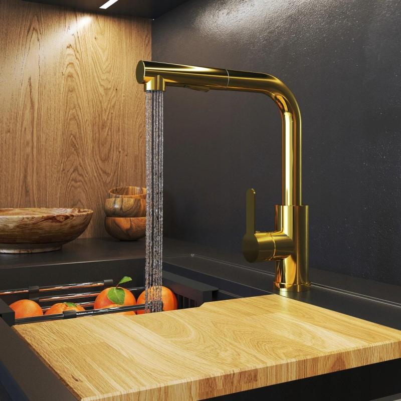 Graniteland Celeste Kuchynská batéria Zlatá s výsuvnou výpusťou a dvojfunkčnou ručnou sprchou 1208970664