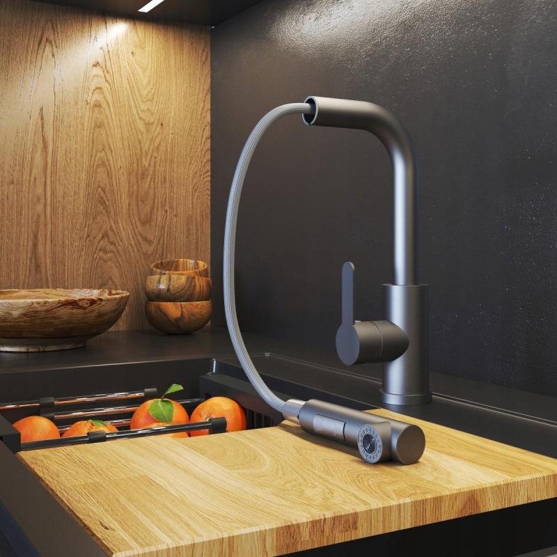 Graniteland Celeste Kuchynská batéria Gun metal s výsuvnou výpusťou a dvojfunkčnou ručnou sprchou 1208970666.