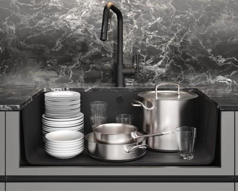 AquaGranite Modulo R19 veľký čierny žulový drez 76x43 cm podmontáž a vrchná montáž s nerezovou zátkou 1208970688.