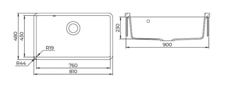 AquaGranite Modulo R19 veľký čierny žulový drez 76x43 cm podmontáž a vrchná montáž s nerezovou zátkou 1208970688.