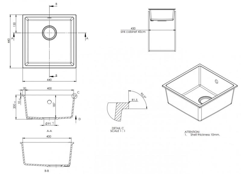 GraniteMy Universal Granitový Sivý, tmavý Umyvadlo 40x40 cm Na povrch, Pod povrch a V rovine s Nerezovou Zátkou 1208970742