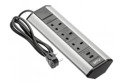Kancelárska predlžovacia šnúra s uhlovými 3x UK zásuvkami, 2xUSB 2.1A 5V (strieborná) ANGLICKÁ VERZIA