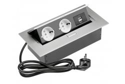 Predlžovací kábel pre pracovný stôl 2x Schuko zásuvka, 2x USB, napájací kábel so zástrčkou, hliník