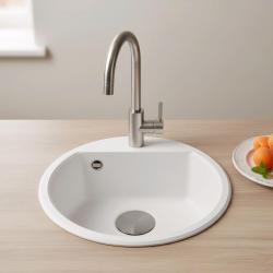 GraniteMy Bremen okrúhle granitové umývadlo 43 cm biela montáž na dosku a pod doskou s dierou pre kohútik s gumenou zátkou v gun metal prevedení 1208971220