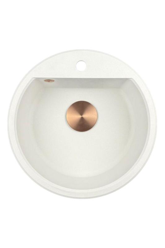 GraniteMy Bremen okrúhly granitový drez 43 cm biely na montáž a podstavbu s otvorom pre kohútik a medenou zátkou 1208971222