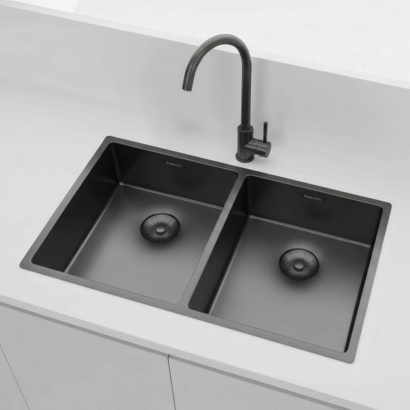 Pure.Sink Prestige Dvojité Gun metal drez 70x40 cm 10mm polomer podstavcový, vodorovný a nadstavbový PPG343440-61