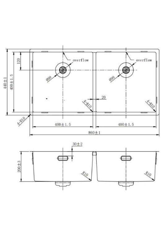 Pure.Sink Prestige Dvojitý zlatý drez 82x40 cm, polomer 10mm, spodná montáž, rovná montáž a vrchná montáž PPG404040-60