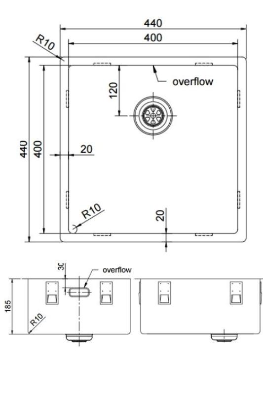 Pure.Sink Exclusivo RVS drez 40x40 cm 10mm rádius podstavca, rovné konštrukcie a nadstavby PEX4040-02