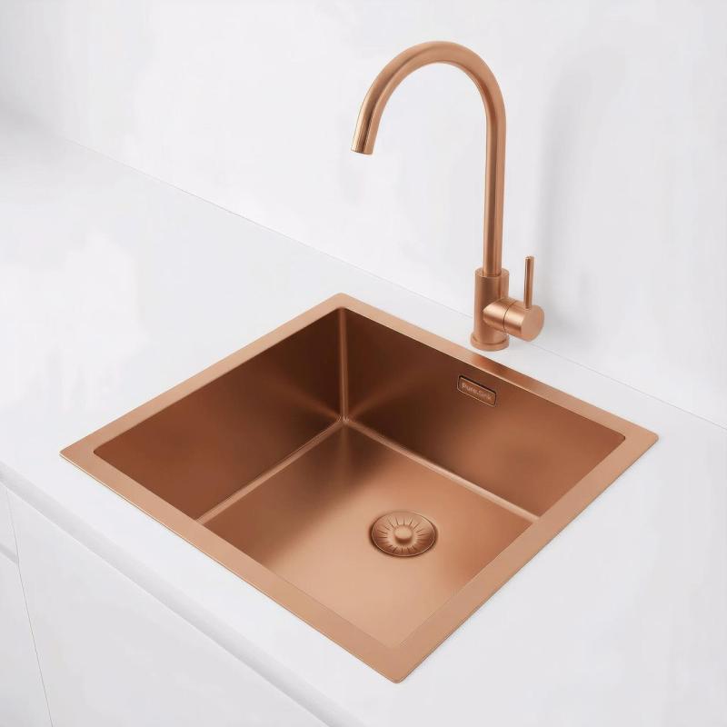 Pure.Sink Exclusivo Meďový drez 40x40 cm 10mm rádius podstavca, rovný stavebný a nástavbový PEX4040-62
