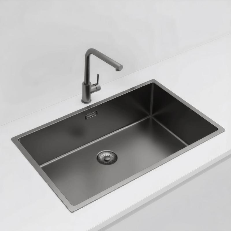 Pure.Sink Exclusivo veľký Gun metal drez 70x40 cm 10mm rádius podstavca, rovná vložka a nadstavba PEX7040-61