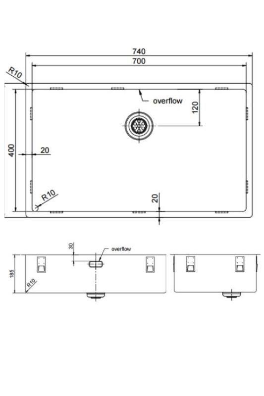 Pure.Sink Exclusivo veľký Gun metal drez 70x40 cm 10mm rádius podstavca, rovná vložka a nadstavba PEX7040-61