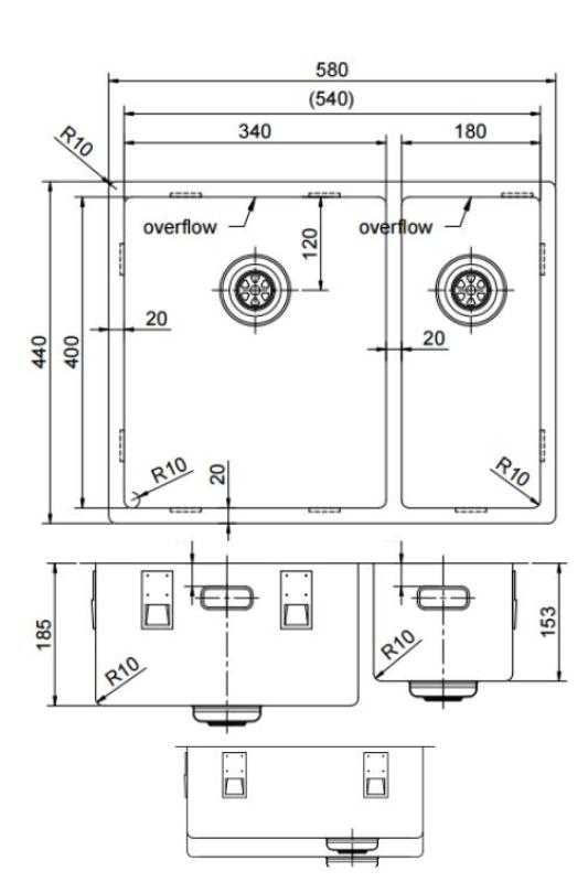 Pure.Sink Exclusivo Zlatý 1,5 jedno a pol drez 34+18 cm 10mm rádius PEX341840-60