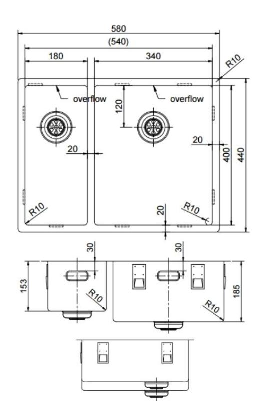 Pure.Sink Exclusivo Zlatá 1,5 polovicná umývadlo 18+34 cm 10mm polomer PEX183440-60