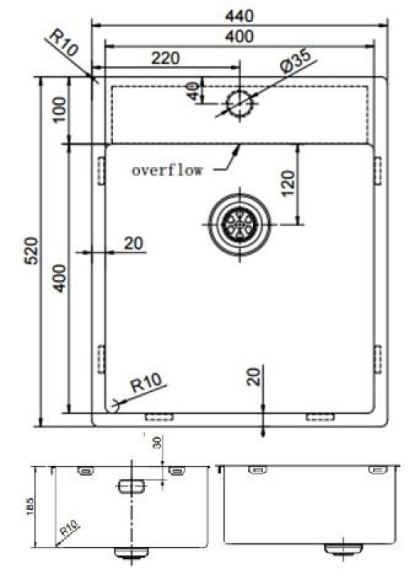 Pure.Sink Exclusivo Medené umývadlo 44x52 cm Tapwing s dierou pre kohútik 10mm rádius PEX4040T-62