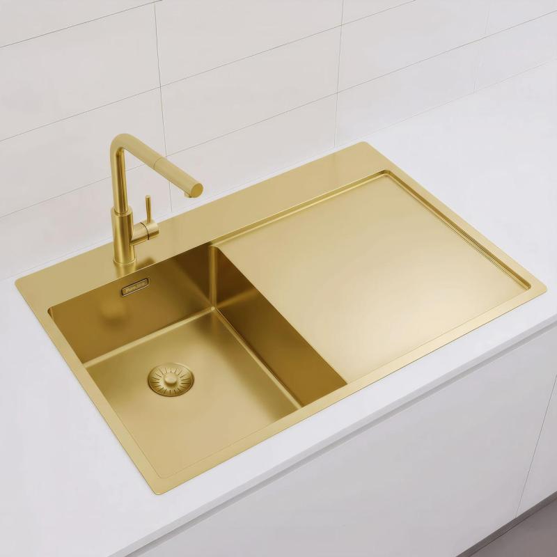 Pure.Sink Exclusivo Zlatý malý drez s odkvapkávacou časťou 78x52 cm Kohútik vľavo PEX3478LT-60