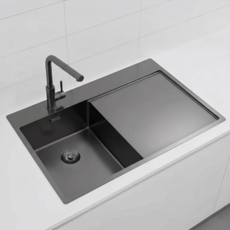 Pure.Sink Exclusivo Gun Metal malý drez s odčerpávacou časťou 78x52 cm Tapwing vľavo PEX3478LT-61