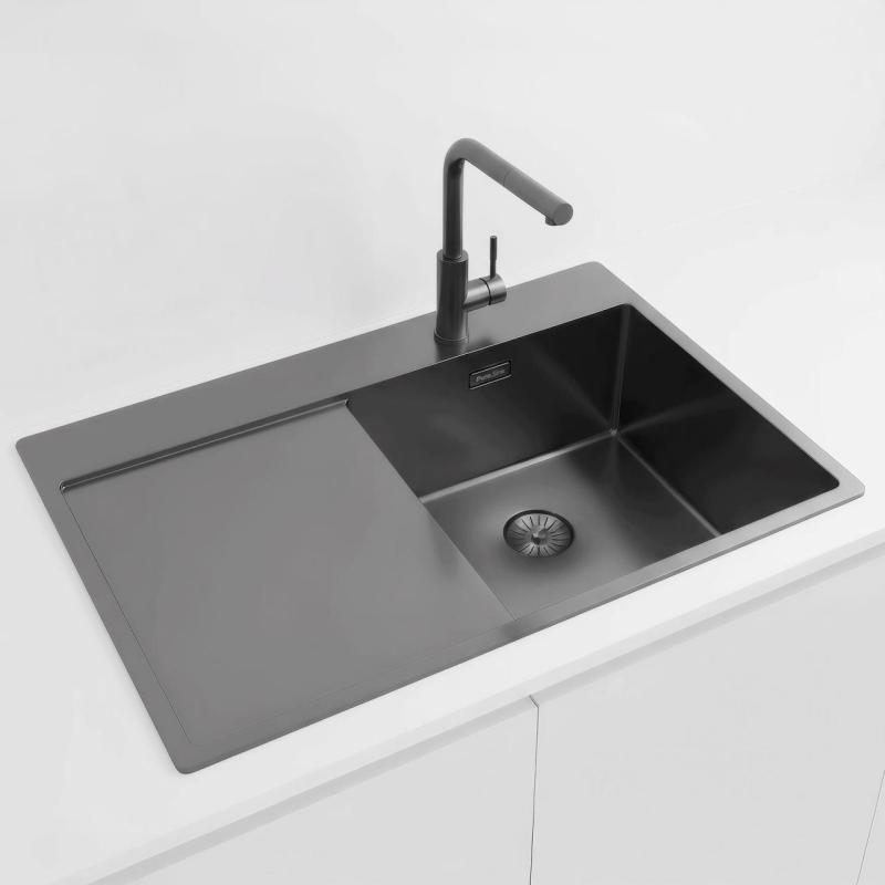 Pure.Sink Exclusivo Gun Metal drez s odčerpacej časťou 78x52 cm Tapwing vpravo PEX4078RT-61