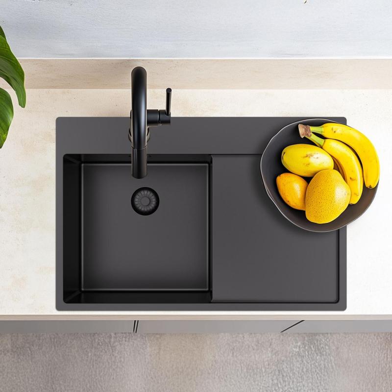 Pure.Sink Exclusivo Gun Metal drez s odčerpacej časťou 78x52 cm Tapwing vpravo PEX4078RT-61