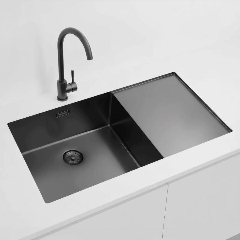 Pure.Sink Exclusivo Gun Metal umývadlo s odčerpávacou časťou 86x52 cm Tapwing vľavo PEX5086LT-61