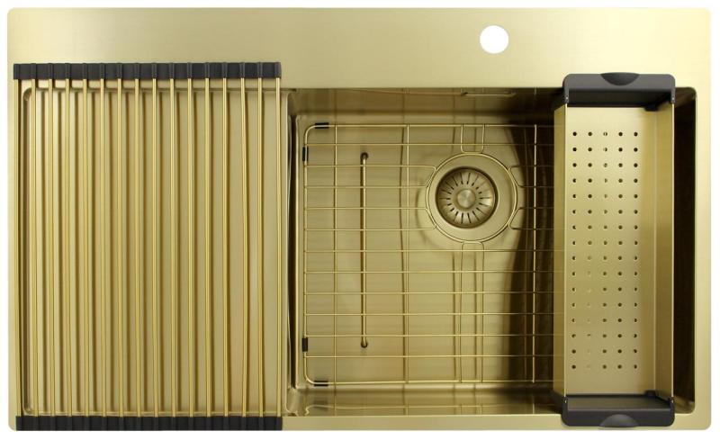 Pure.Sink Exclusivo Zlatý drez s odčerpacej časťou 86x52 cm Kridlo kohútika vpravo PEX5086RT-60