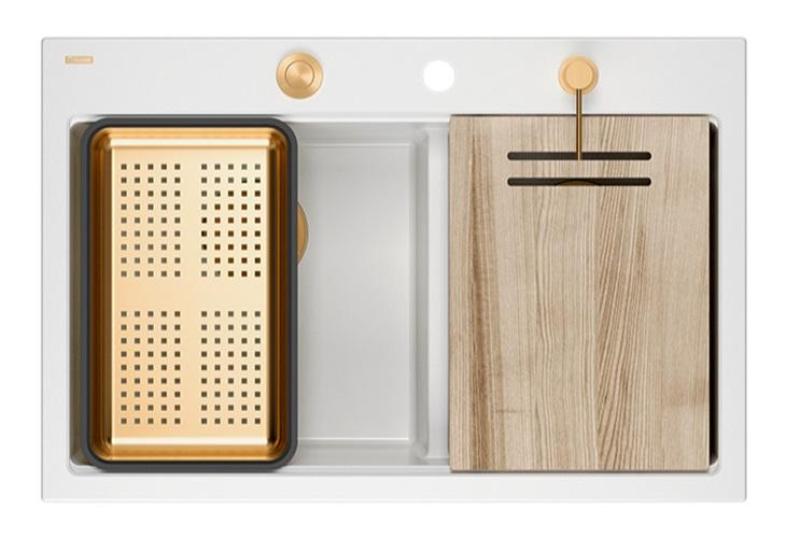 Quadri Hard Rock Dvojitý biely granitový nadstavbový drez 76 x 50 cm s medeným zátkou a príslušenstvom 1208971357