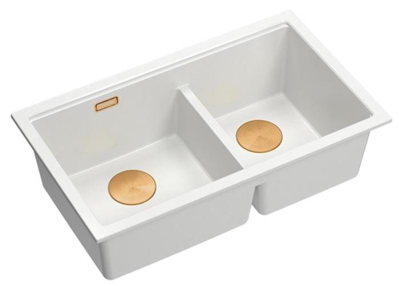 Quadri Newport II Dvojitý Biely Granitový Nadstavbový Drez 76x45 cm s Medenou zátkou 1208971358