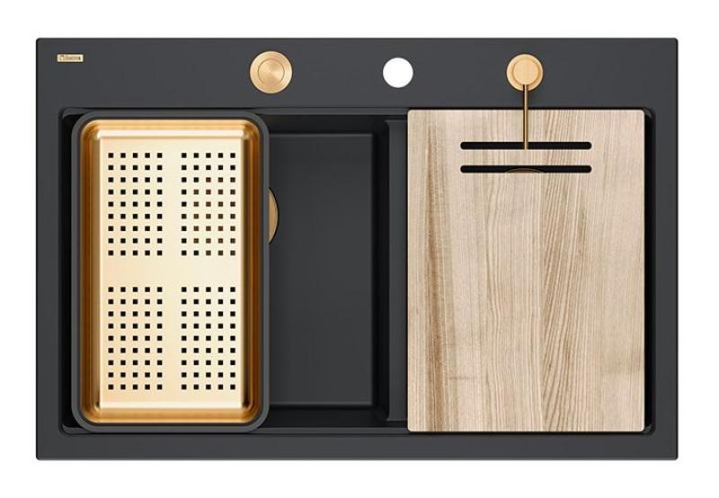 Quadri Hard Rock Dvojitý Čierny Granitový Nadstavbový Drez 76x50 cm s Medenou Zástrčkou a Príslušenstvom 1208971390