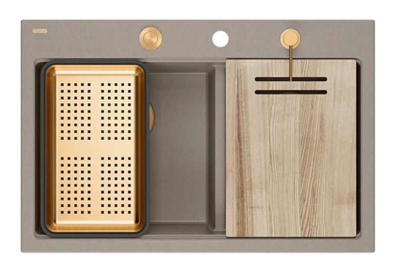 Quadri Hard Rock dvojitý taupe granitový nástavbový drez 76x50 cm s medenou zátkou a príslušenstvom 1208971391