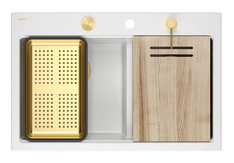 Quadri Hard Rock Dvojitý Biely Granitový Nadstavbový Drez 76x50 cm so Zlatou zátkou a príslušenstvom 1208971392