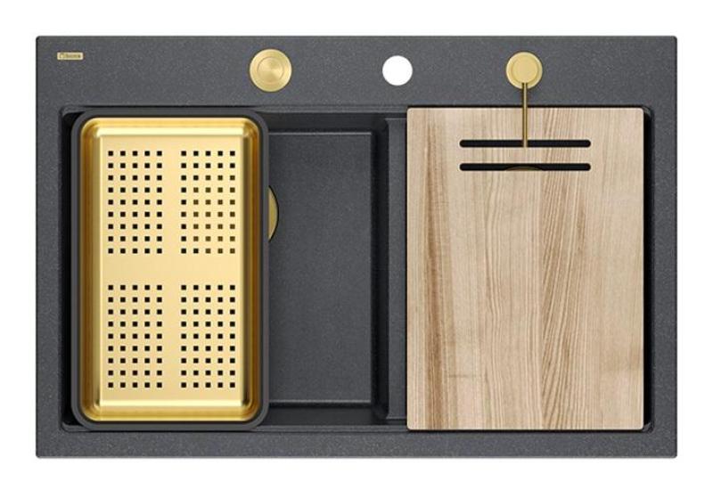 Quadri Hard Rock Dvojitý Antracitový Granitový Nadstavbový Drez 76x50 cm so Zlatým zátkom a príslušenstvom 1208971393