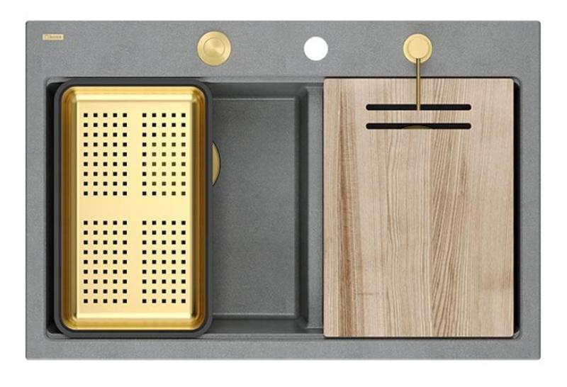 Quadri Hard Rock Dvojitý Sivý Granitový Nadstavbový Drez 76x50 cm so Zlatým uzáverom a príslušenstvom 1208971394