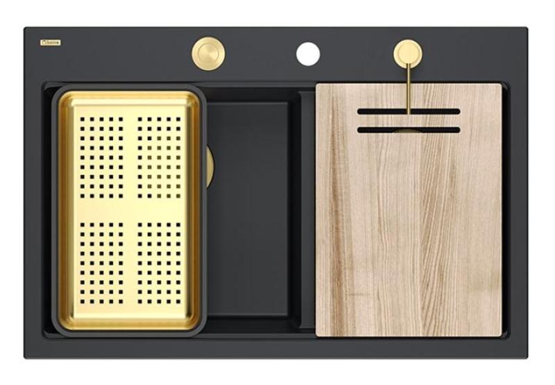 Quadri Hard Rock Dvojitý Čierny Granitový Nadstavbový Drez 76x50 cm so Zlatou Zátkou a Príslušenstvom 1208971395